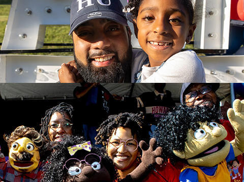A father in an HU Howard University hat with his daughter hugging and smiling in front of the FamFest sign. Beneath is another image of puppeteers holding their smiling puppets of different races, wearing colorful t-shirts.
